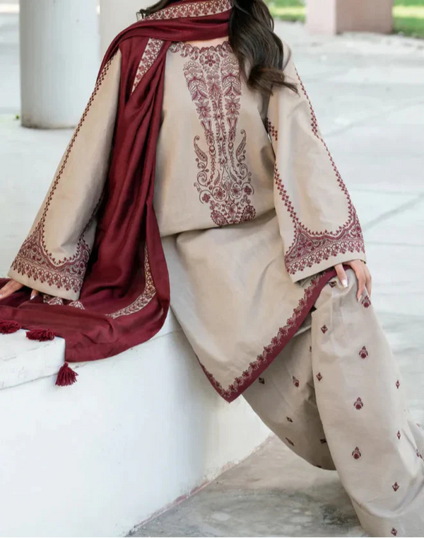 3 Piece - Wedding Session Unstitched Embroidered Drees With Dhanak Shawl-D-O-S>K 700
