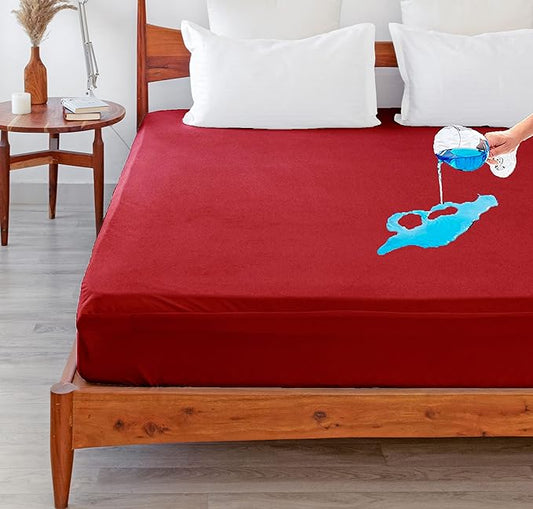Terry Cotton Ultra Soft Waterproof Mattress Protector | Maroon Color | for Kids Adults | Washable Hypoallergenic Mattresses Cover Fit Up To 6-12 inch Deep Pocket Queen & King Size